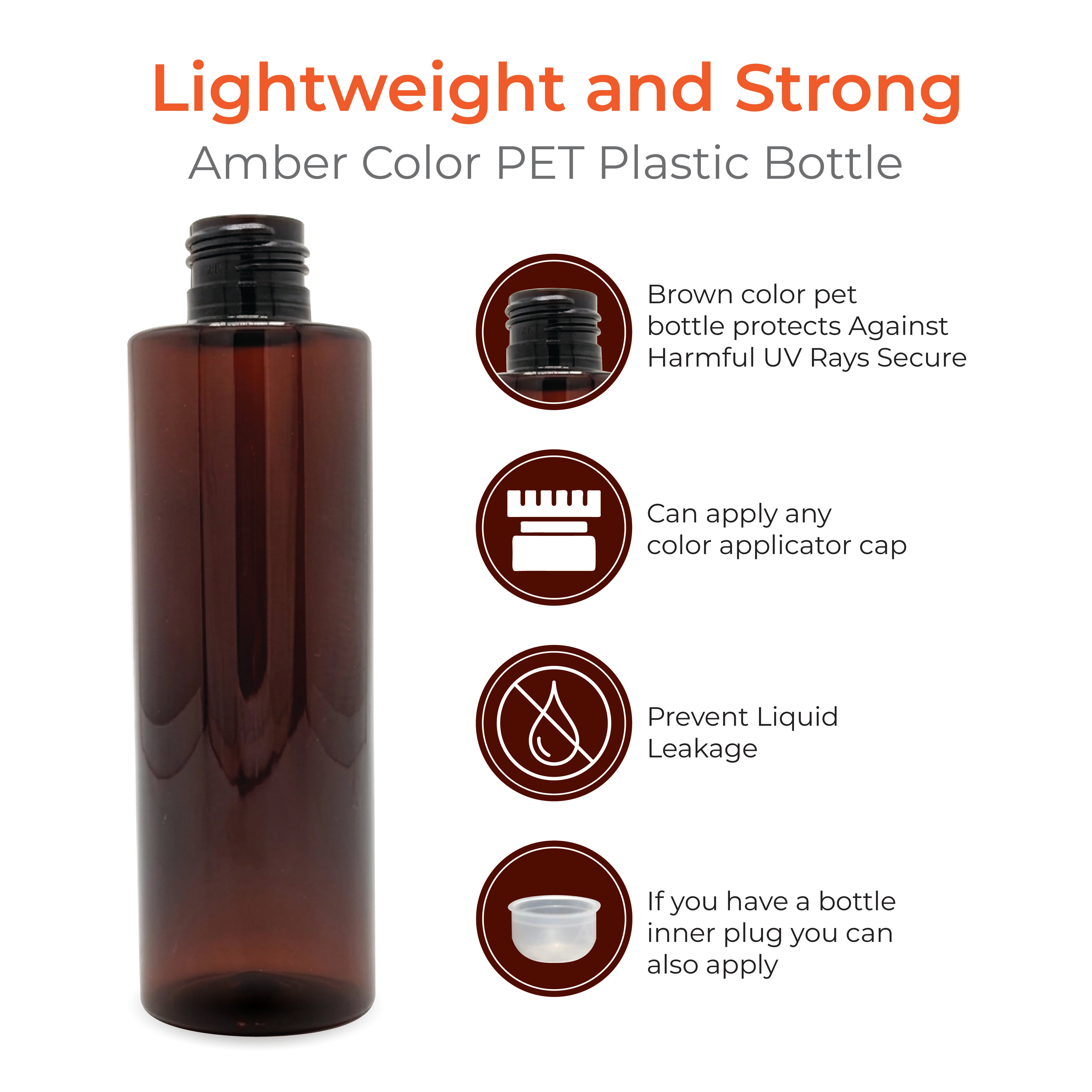 200ml Amber Pet Cylinder Round Bottle - 24mm Neck Size without Cap