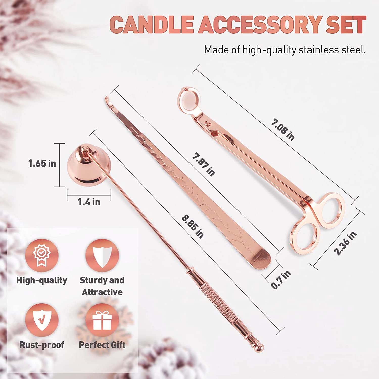 Candle Accessory Set ( Rose Gold ) - Candle Wick Trimmer, Candle Snuffer, and Candle Wick Dipper