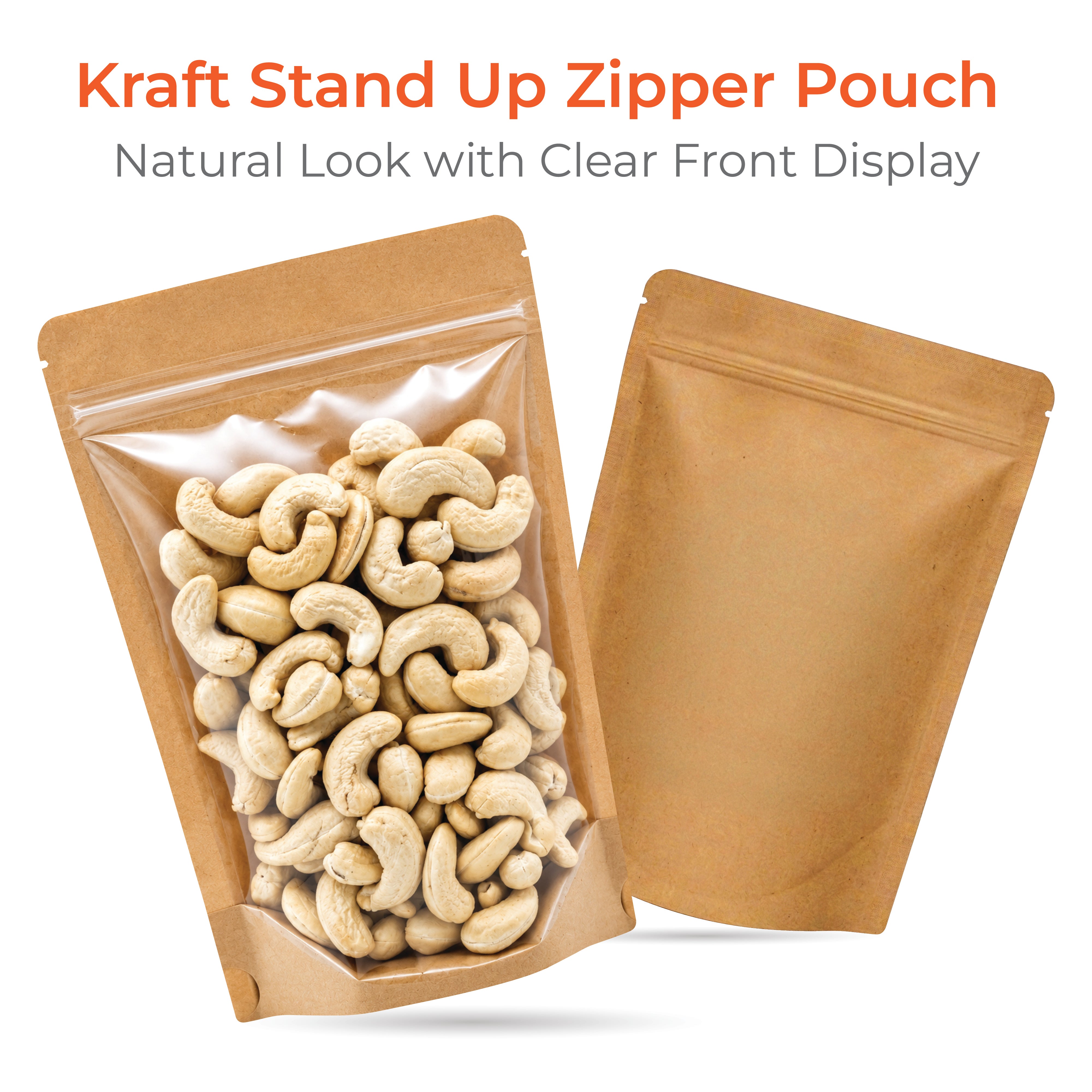 Brown Craft Paper Stand Up Zipper Pouch - One Side Clear