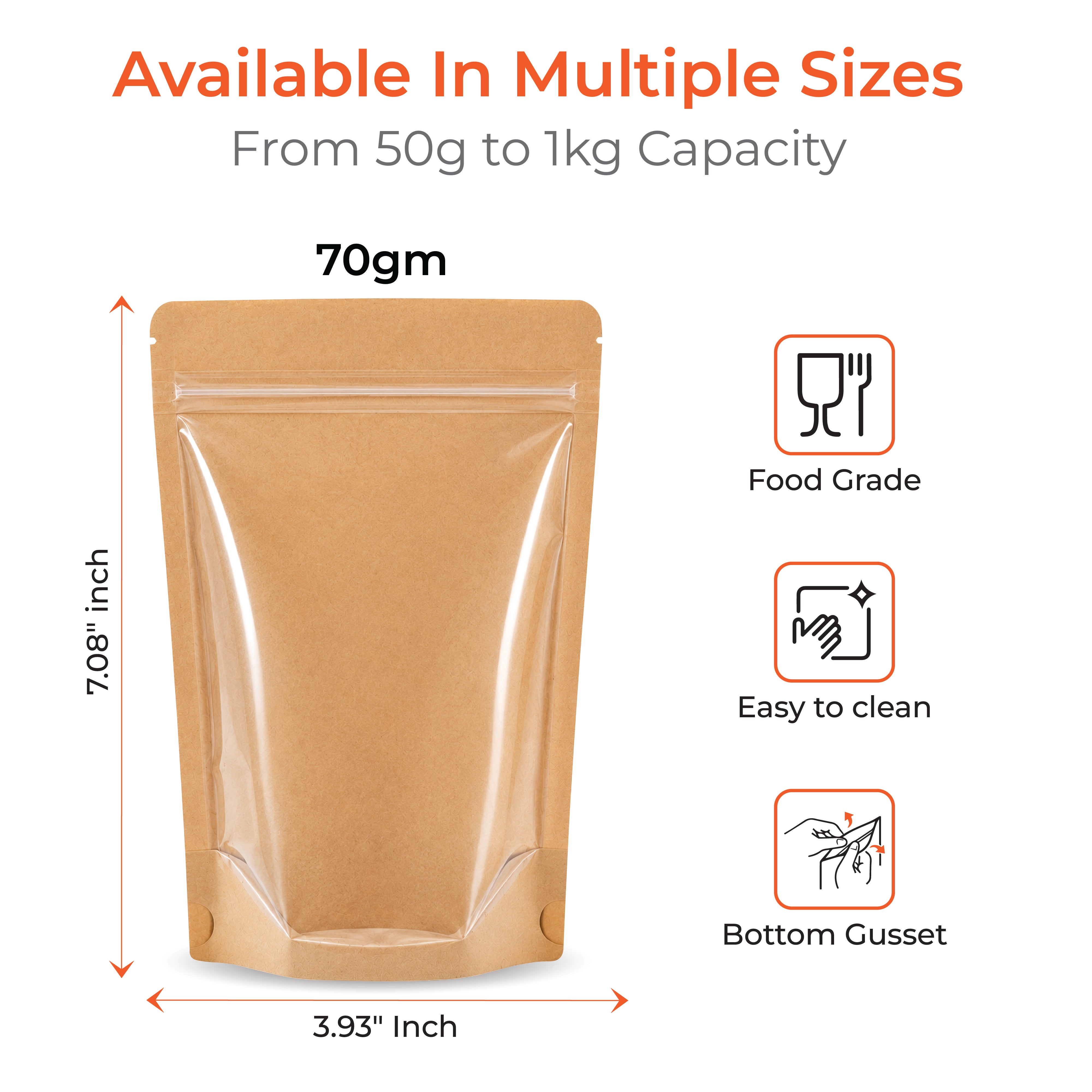 Brown Craft Paper Stand Up Zipper Pouch - One Side Clear