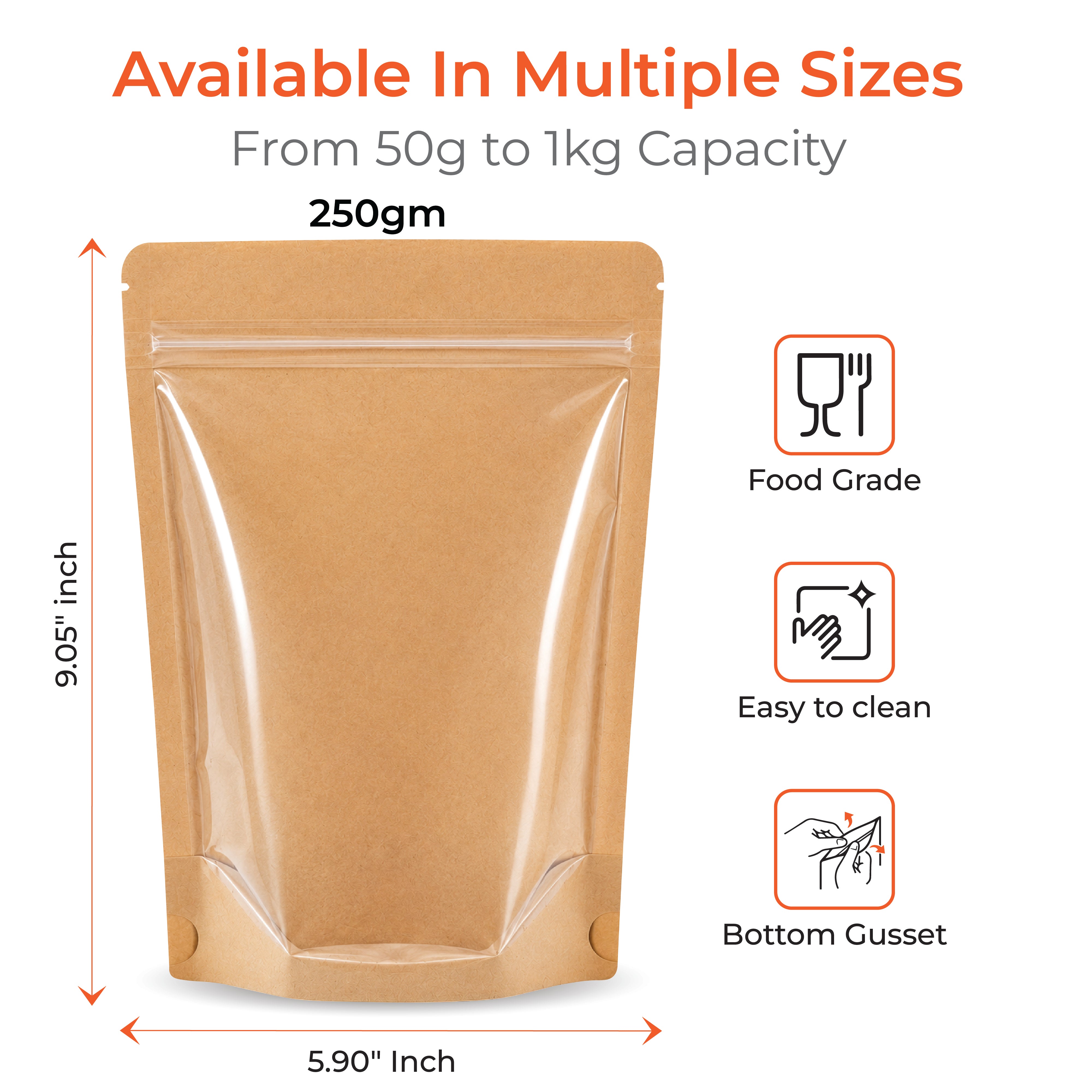 Brown Craft Paper Stand Up Zipper Pouch - One Side Clear