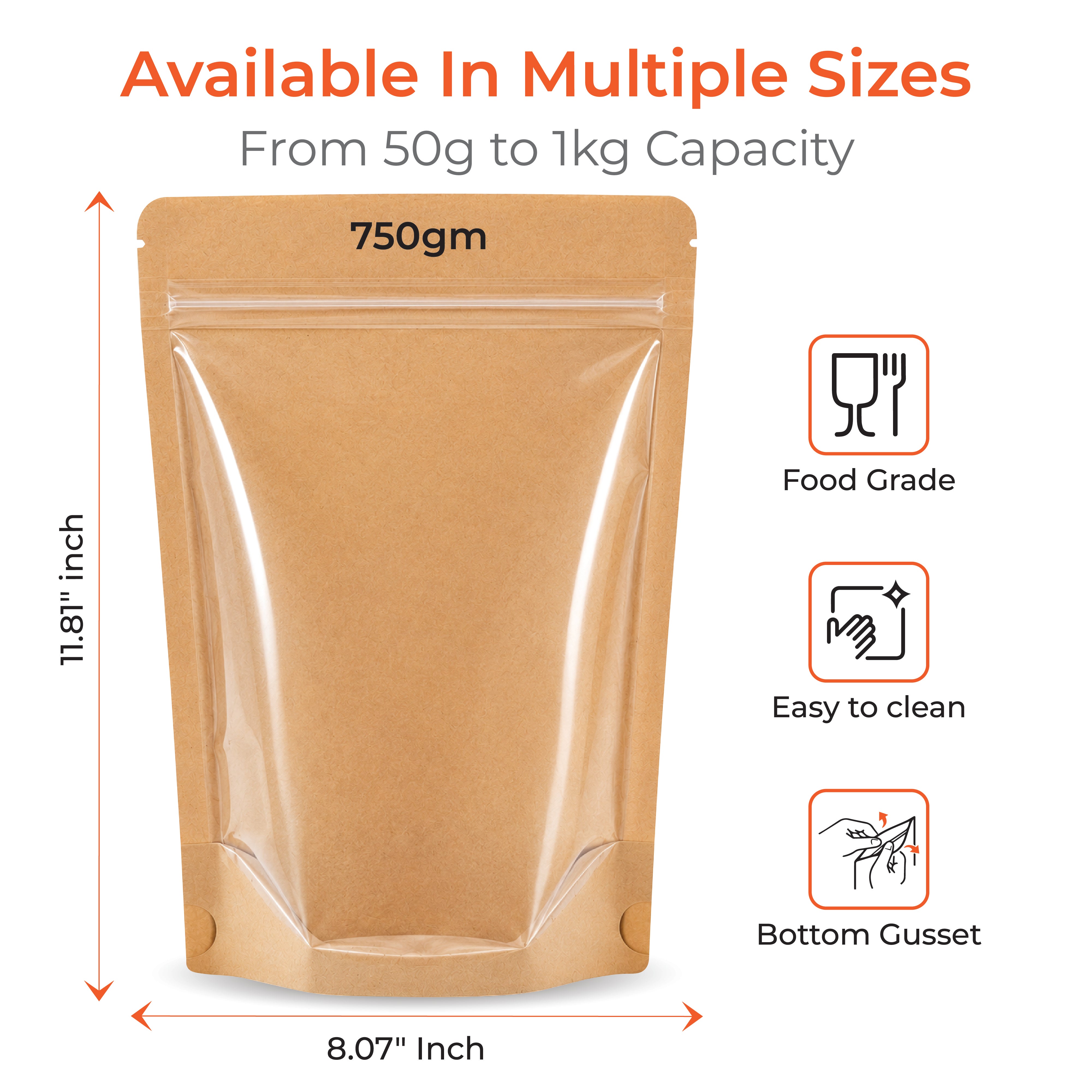 Brown Craft Paper Stand Up Zipper Pouch - One Side Clear