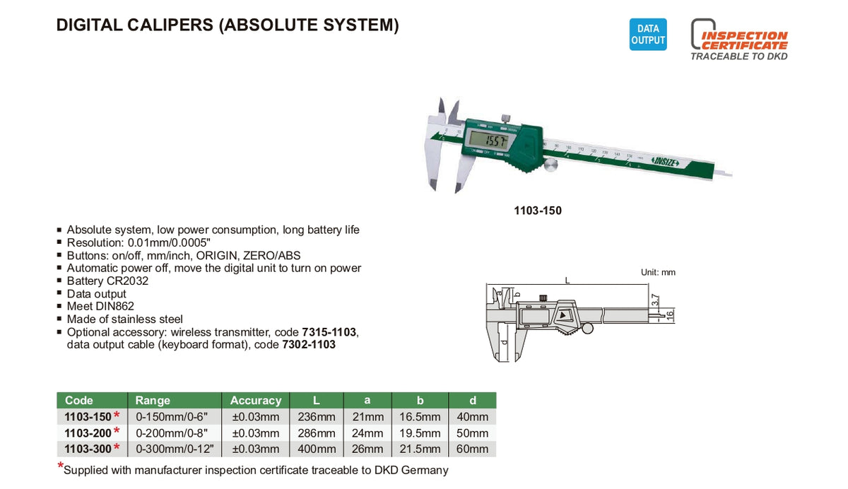 INSIZE Digital Caliper - Absolute System 1103