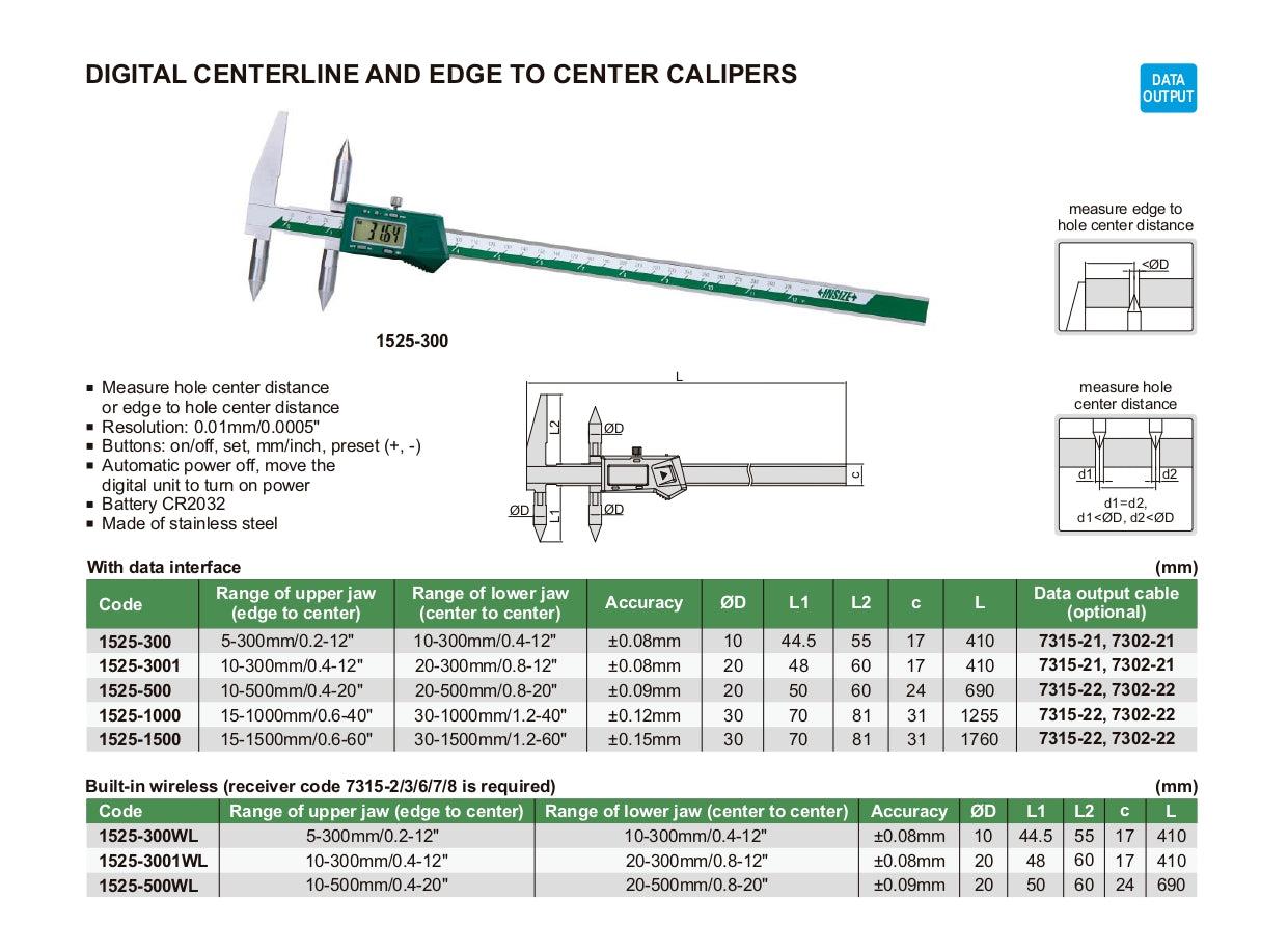 INSIZE Digital Centerline and Edge to Center Caliper 1525