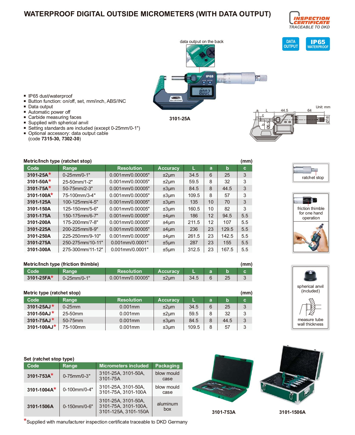 INSIZE Waterproof Digital outside Micrometer - With Data Output