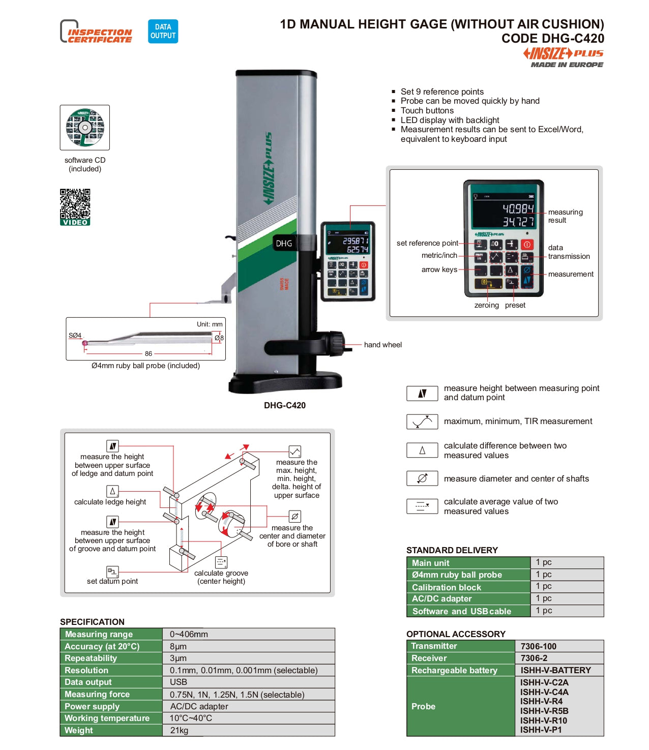 INSIZE 1D Manual Height Gauge / Gage - Without Air Cushion
