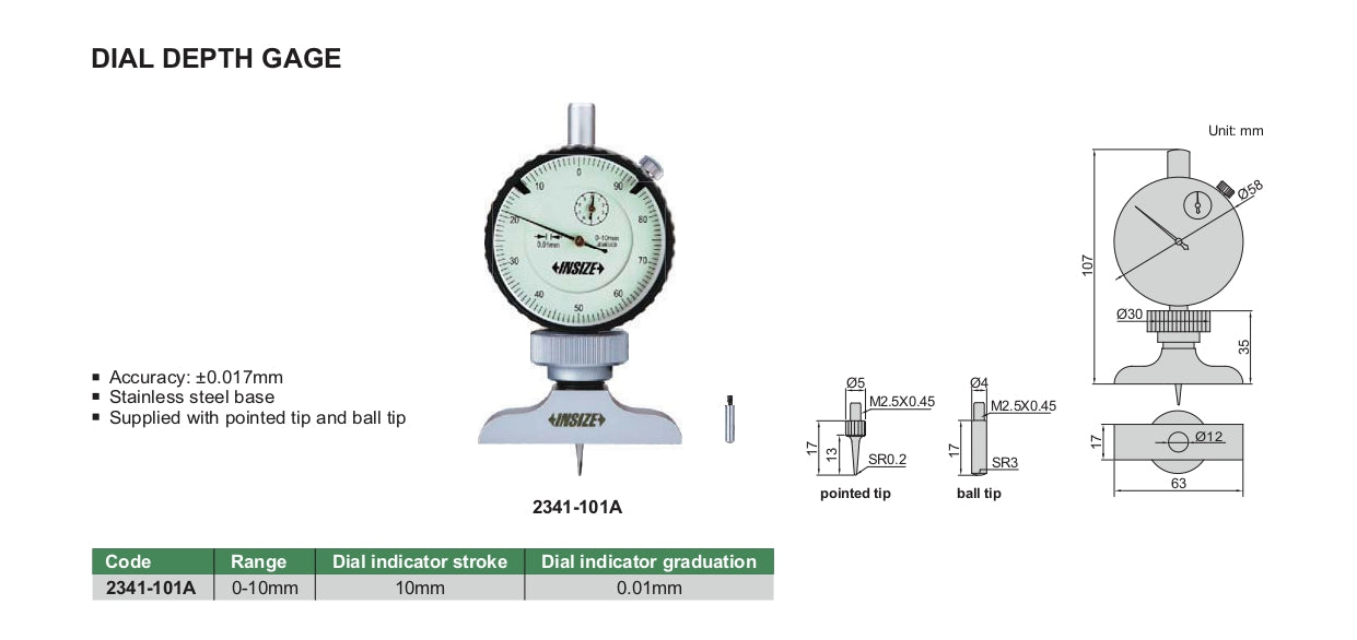 INSIZE Dial Depth Gauge / Gage 2341-101A