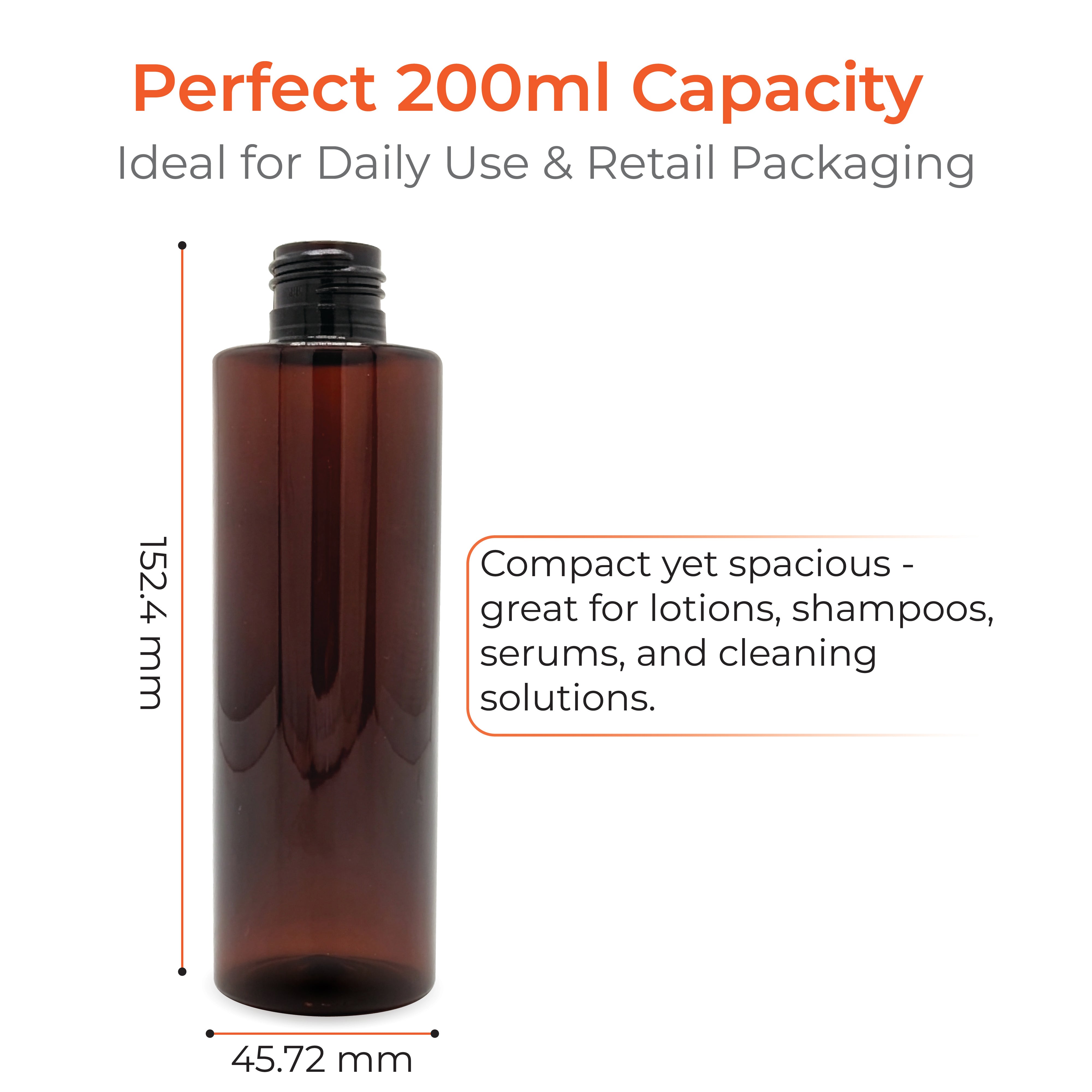 200ml Amber Pet Cylinder Round Bottle - 24mm Neck Size without Cap