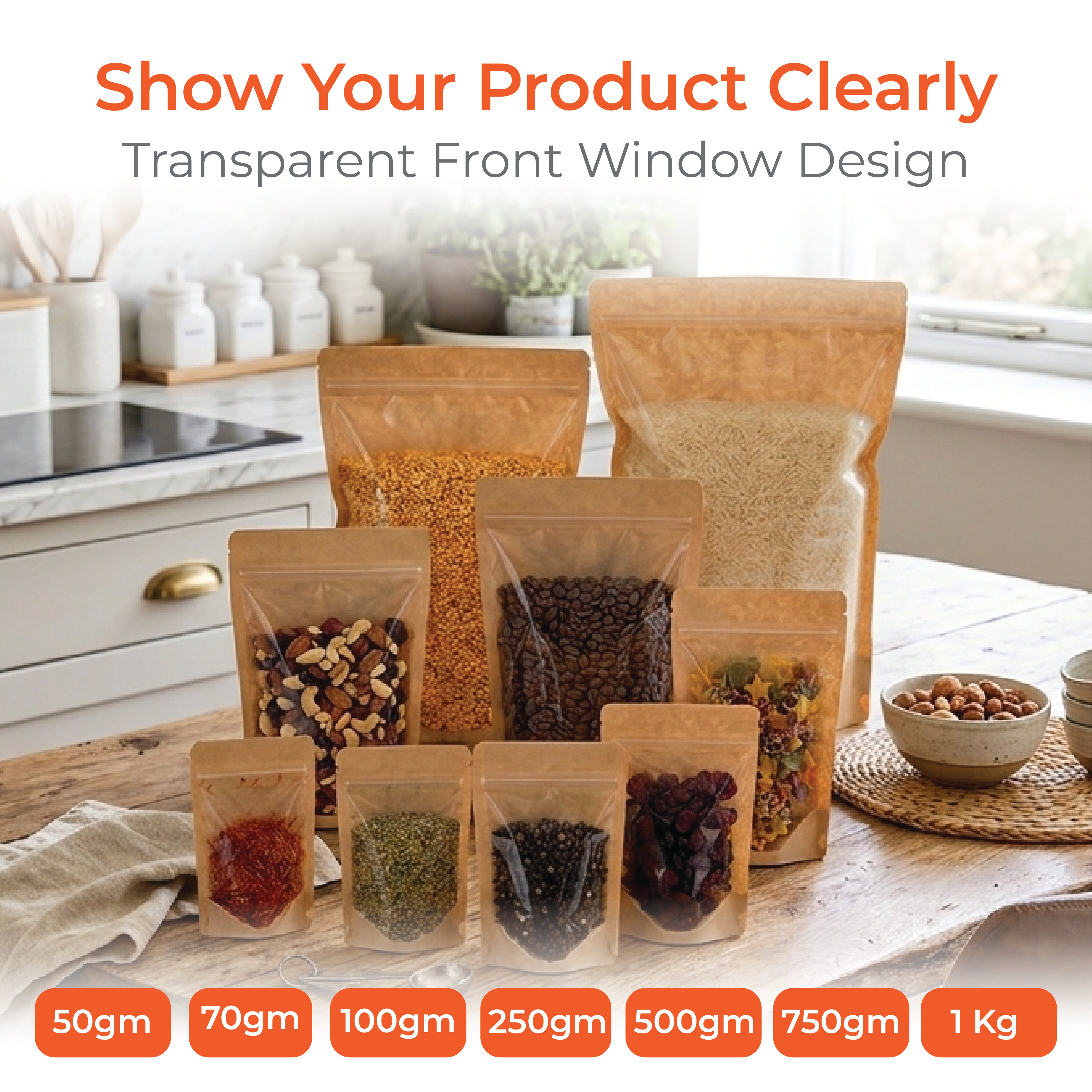 Brown Craft Paper Stand Up Zipper Pouch - One Side Clear
