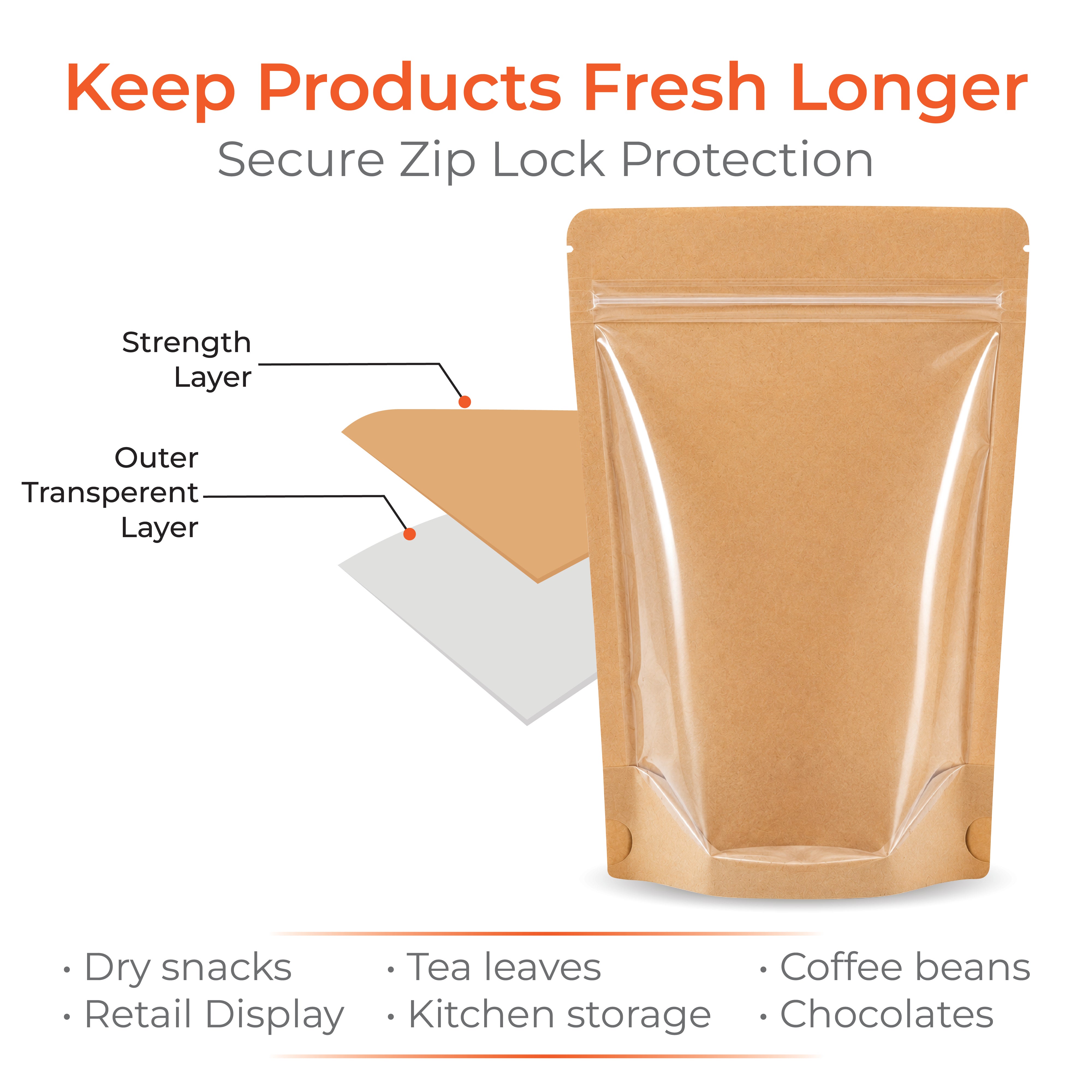 Brown Craft Paper Stand Up Zipper Pouch - One Side Clear