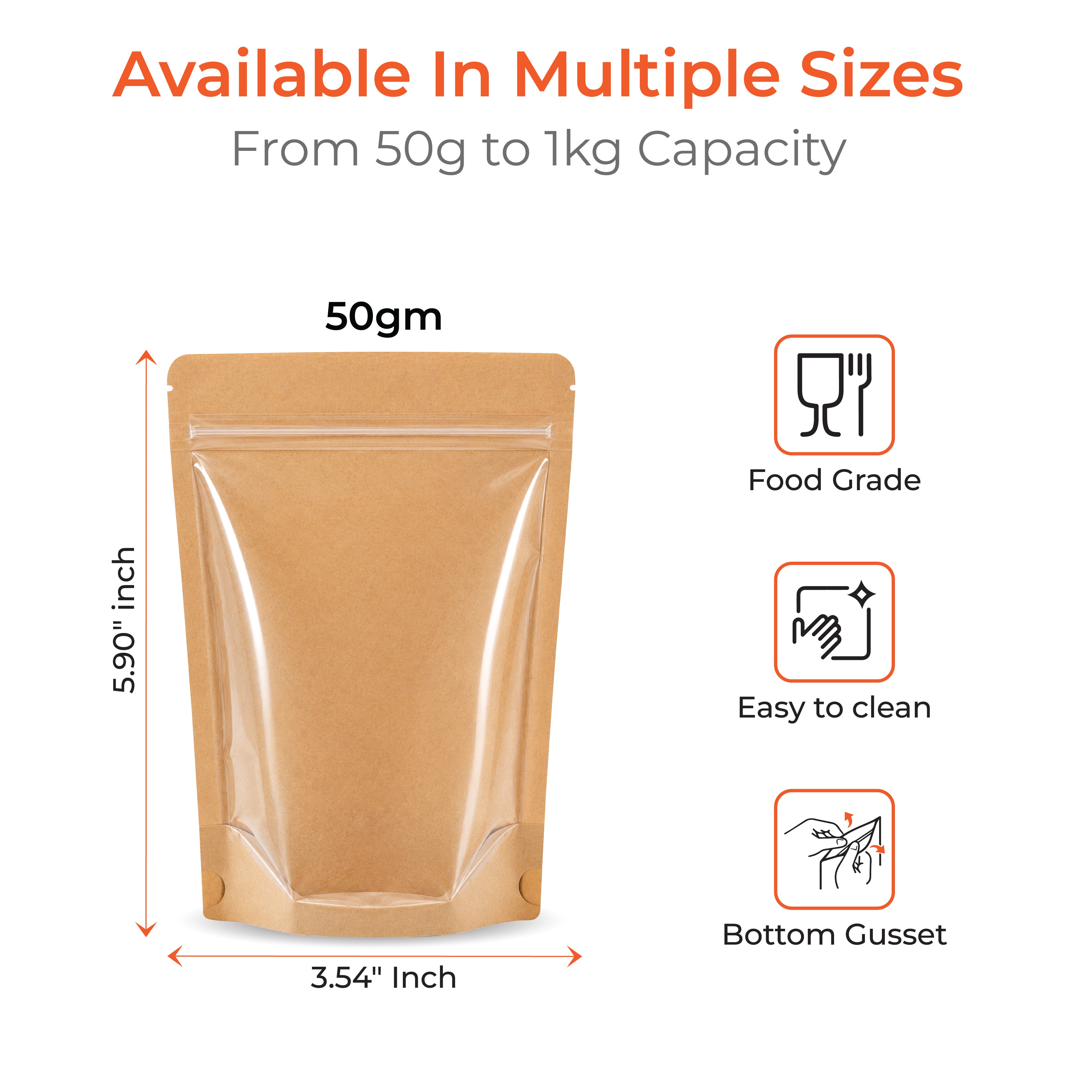 Brown Craft Paper Stand Up Zipper Pouch - One Side Clear
