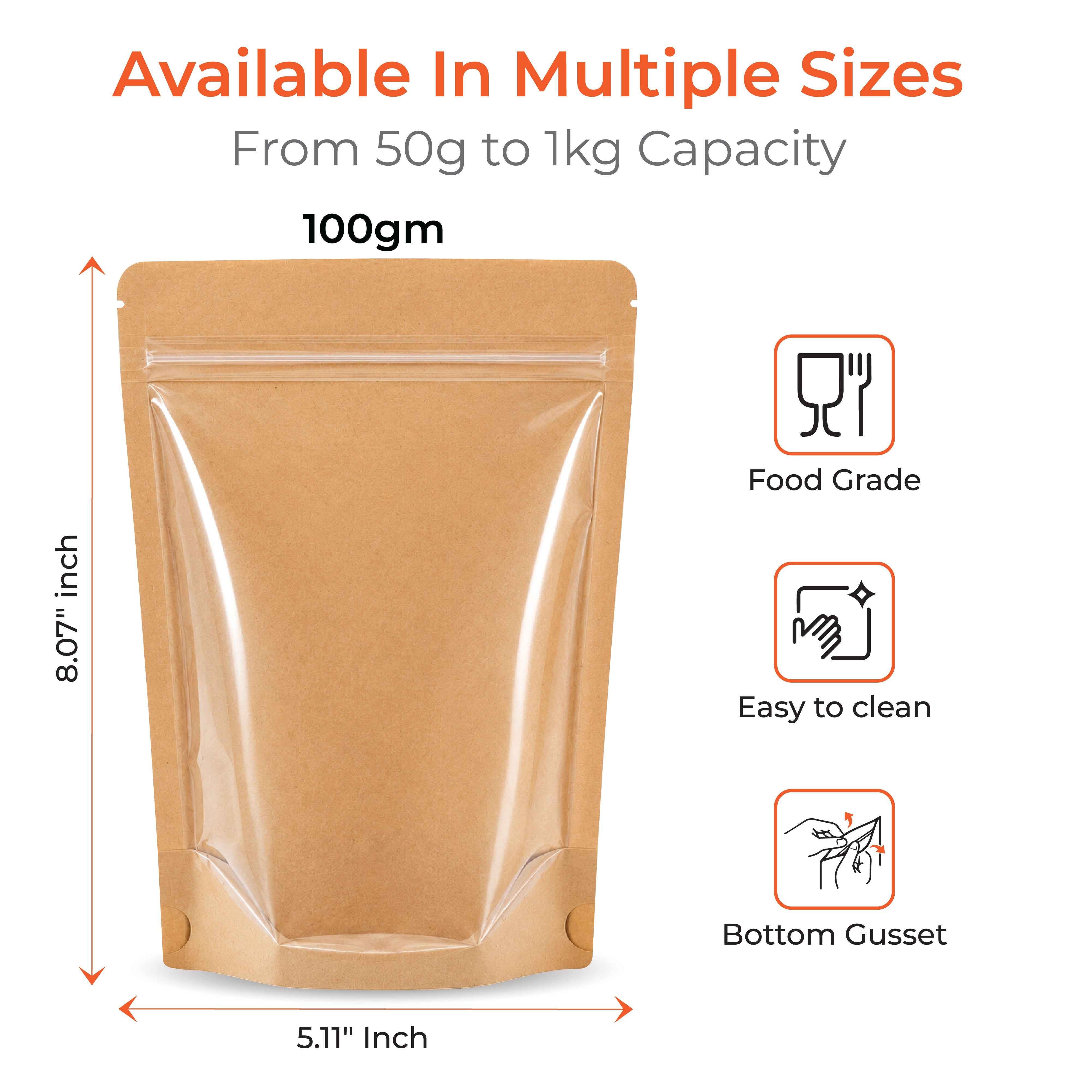 Brown Craft Paper Stand Up Zipper Pouch - One Side Clear
