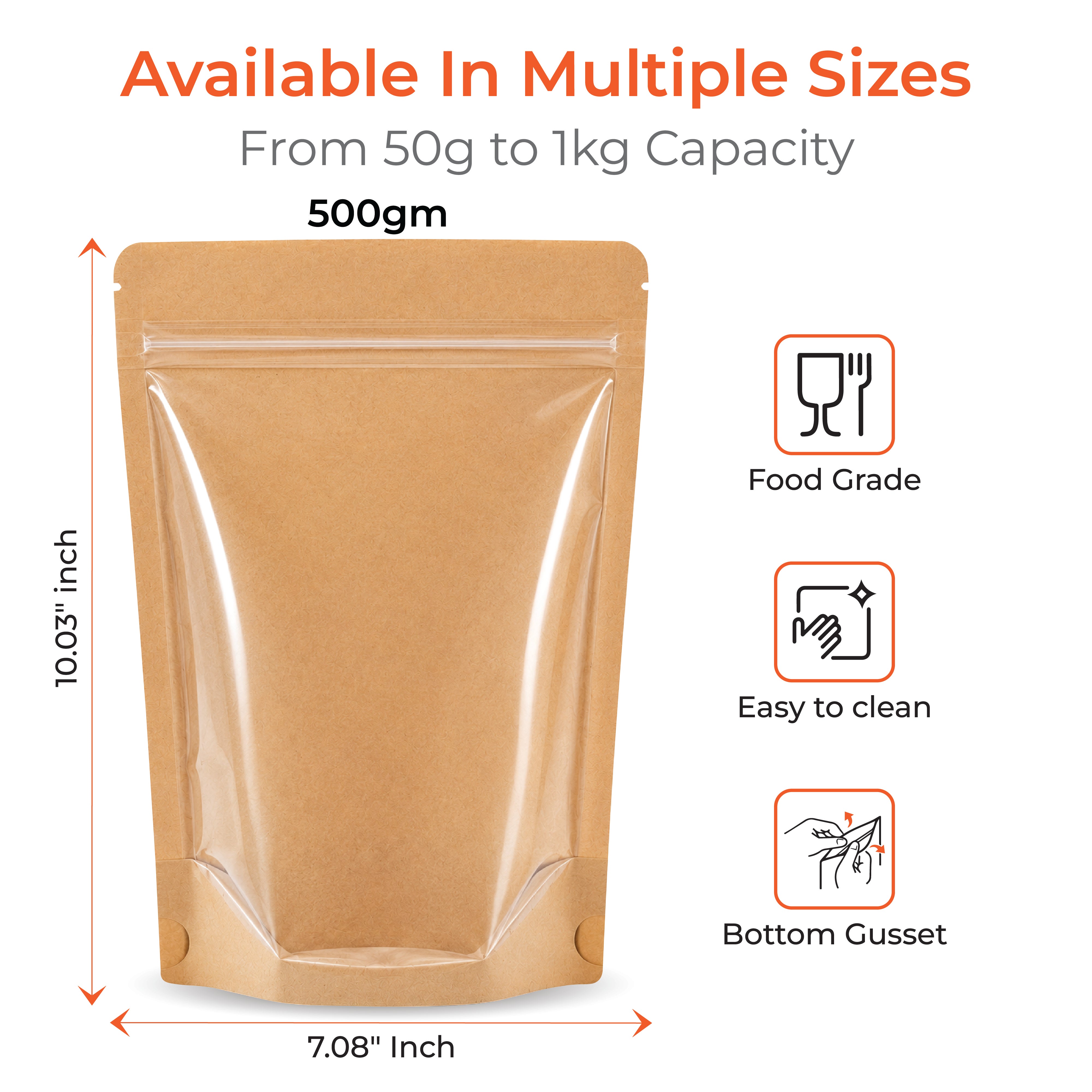Brown Craft Paper Stand Up Zipper Pouch - One Side Clear
