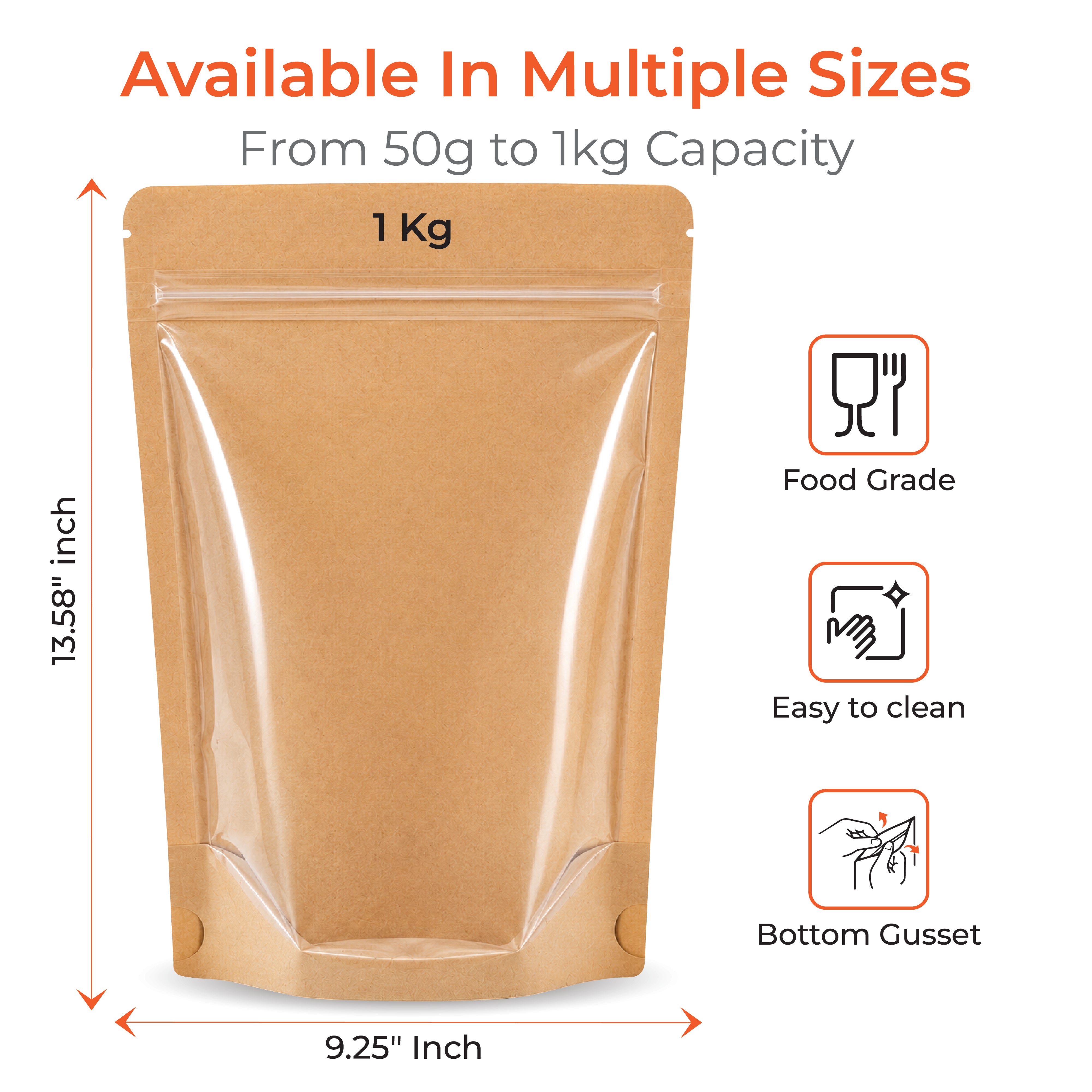 Brown Craft Paper Stand Up Zipper Pouch - One Side Clear