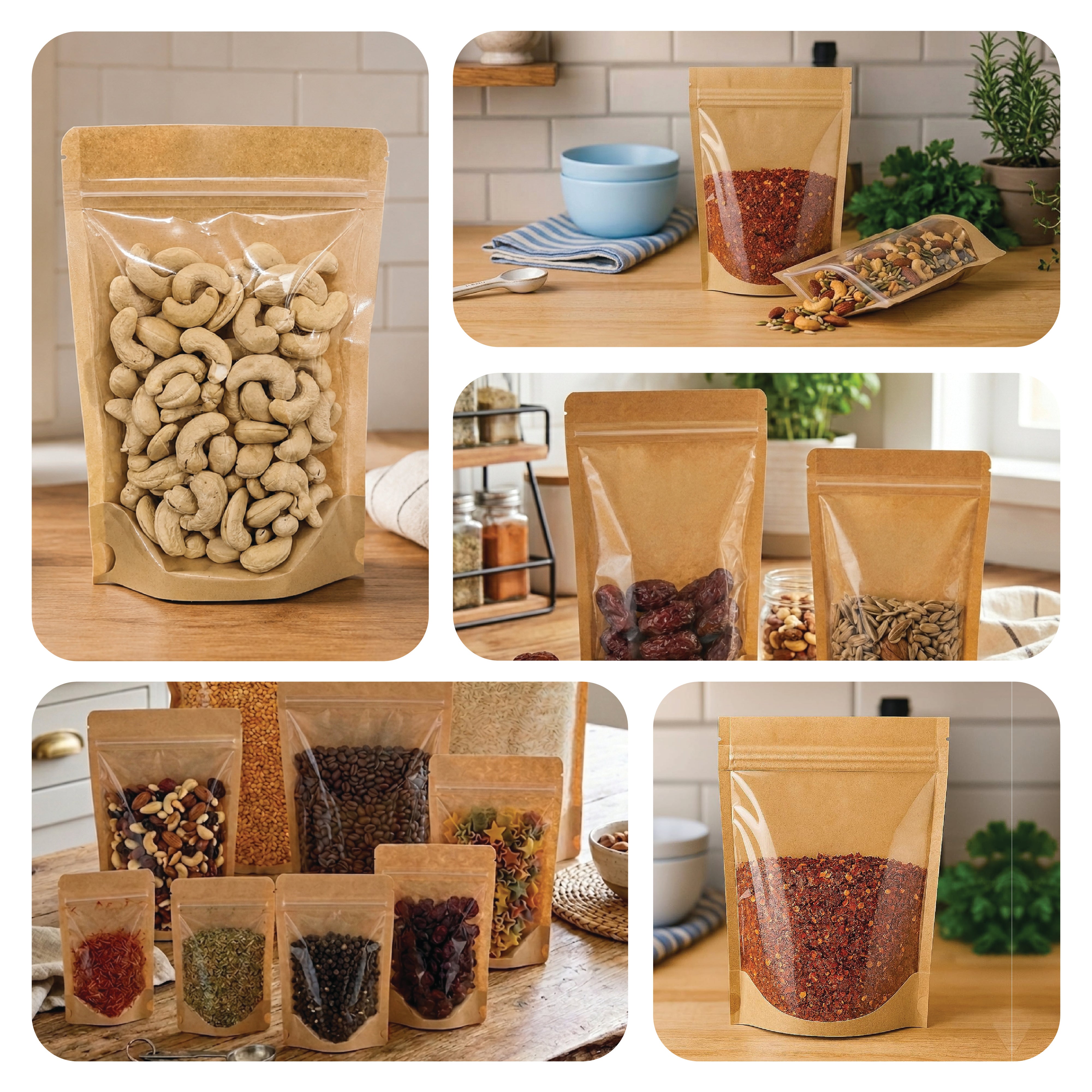 Brown Craft Paper Stand Up Zipper Pouch - One Side Clear