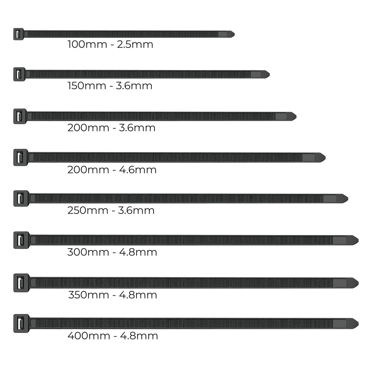 Nylon Self Locking Cable Ties / Zip Ties (Black) 250mm - 10 Inch