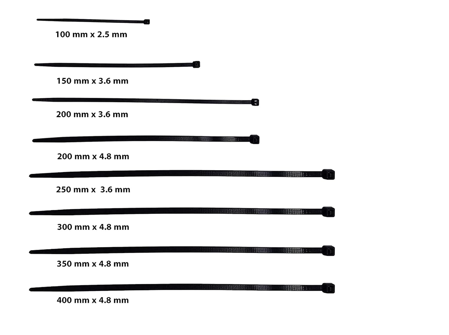 Nylon Self Locking Cable Ties / Zip Ties (Black) 250mm - 10 Inch