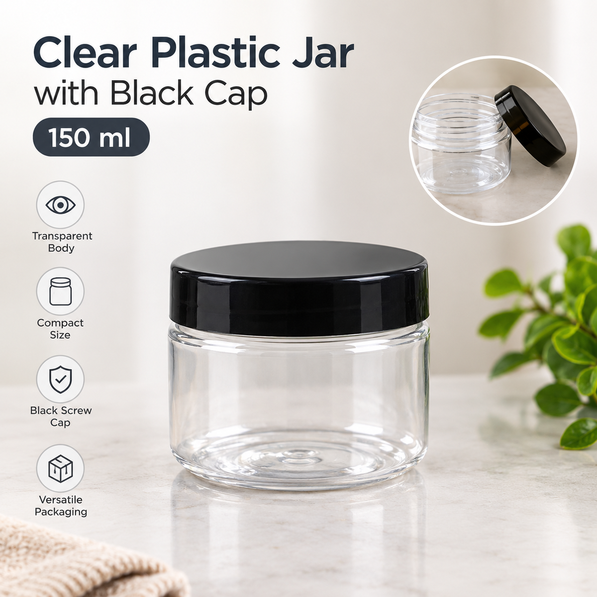 Clear Plastic Jar with Black Cap – 150 ml