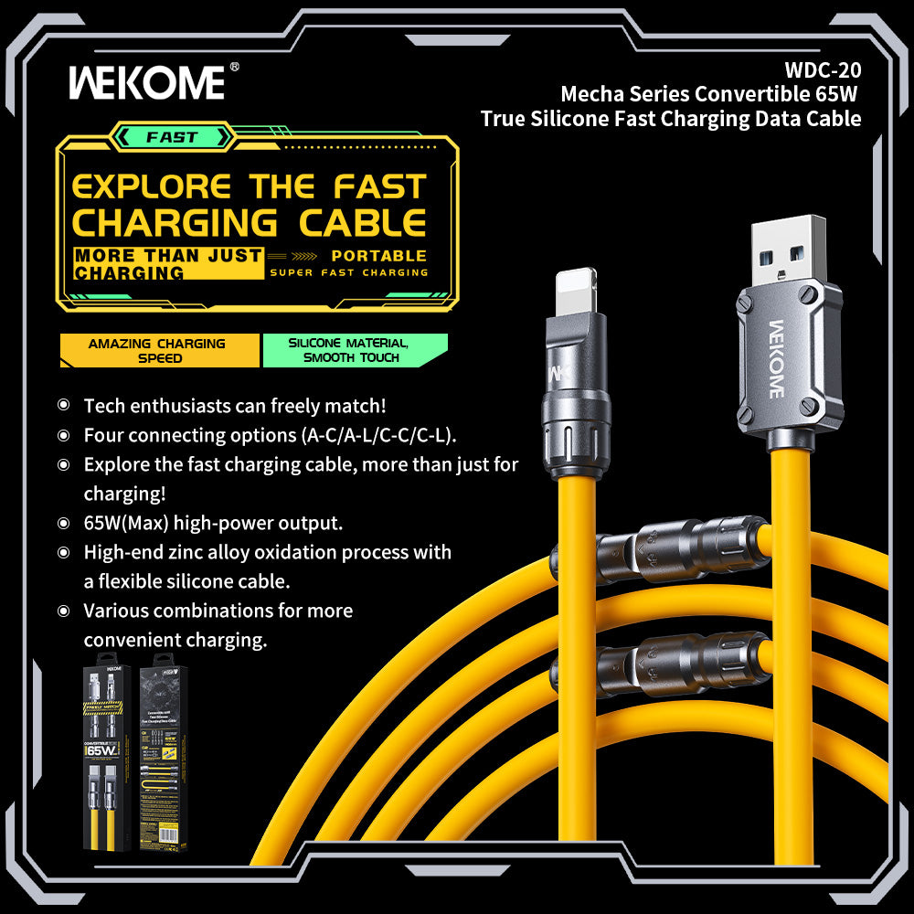 WEKOME 65W 480 Mbps True Silicone Fast Charging Cable | 4 in 1 design USB A / Type C to Lightening / Type C | WDC-20 1.4m Tangle Free Cable