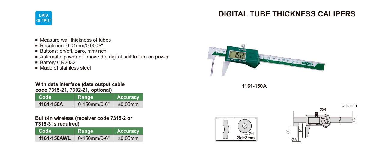 INSIZE Digital Tube Thickness Caliper 1161