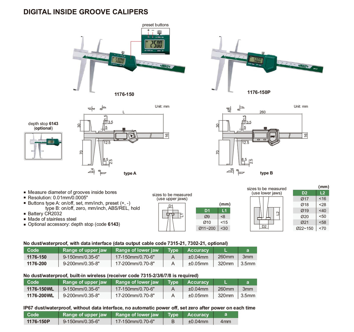 INSIZE Digital Inside Groove Caliper 1176