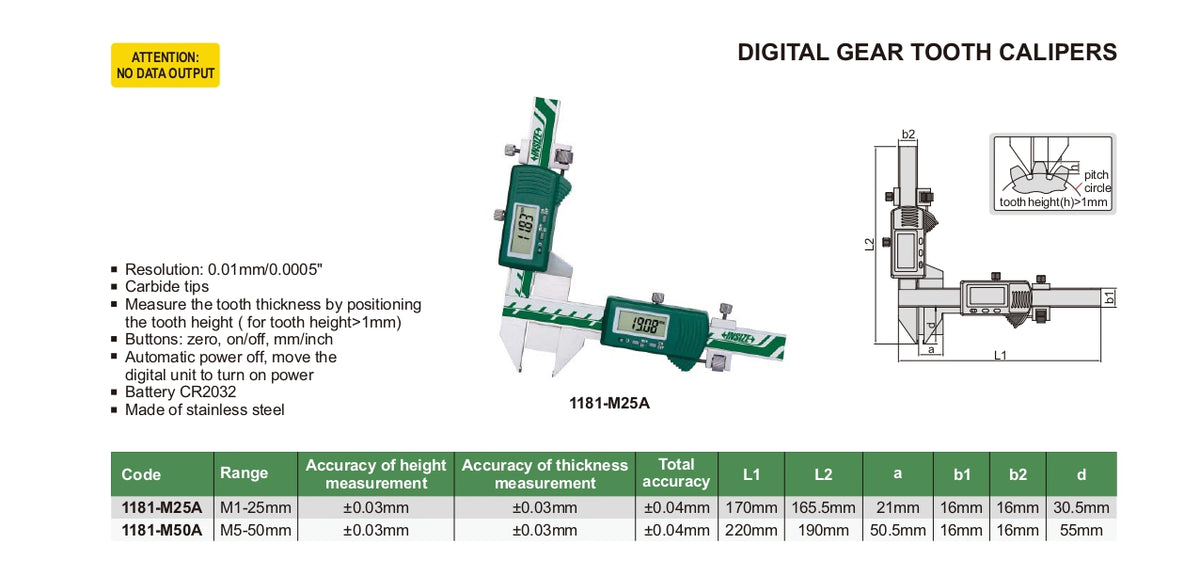 Tooth Calipers INSIZE Digital Gear Tooth Caliper 1181