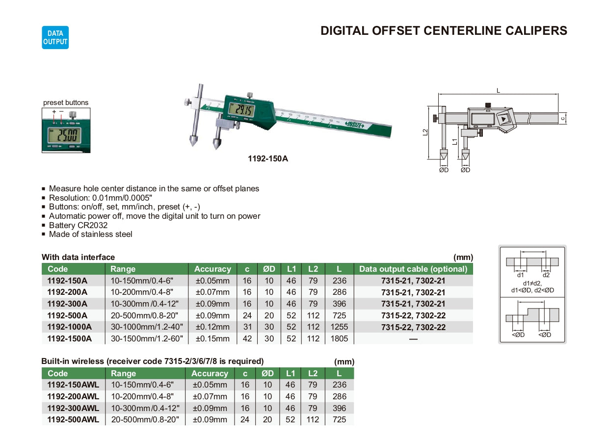 INSIZE Digital Offset Centerline Caliper 1192
