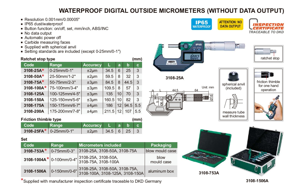 INSIZE Waterproof Digital outside Micrometer - without Data Output