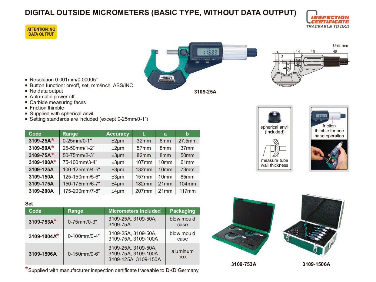 INSIZE Digital Outside Micrometer - Basic type, Without data Output 3109