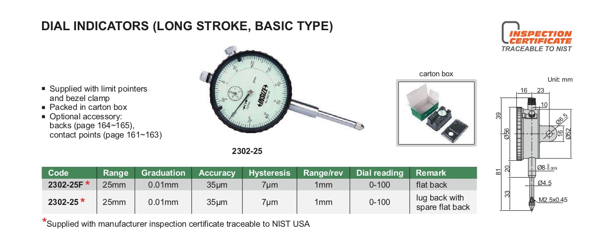 INSIZE Dial Indicator - long Stroke, Basic Type
